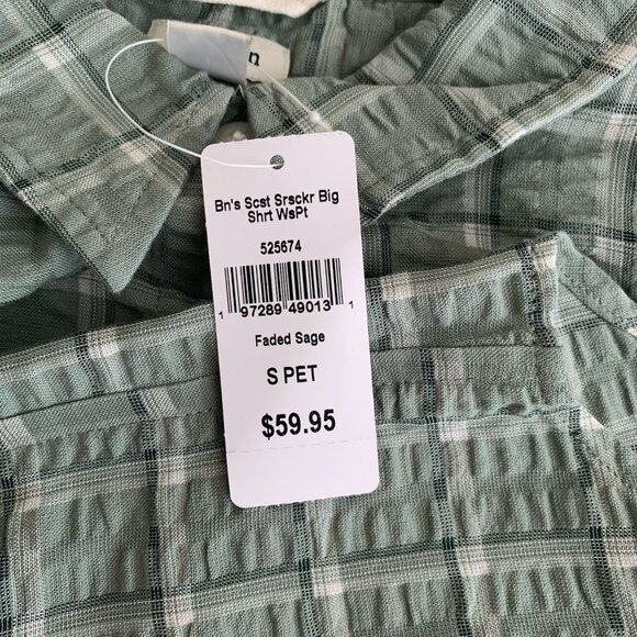 L.L. Bean Seersucker Shirt Long Sleeve Button Sage Green Small Petite Plaid New - Picture 9 of 11